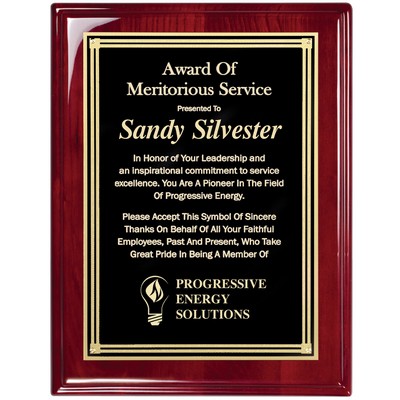 Rosewood Piano Finish Plaque with Black Plate Florentine Border, 9 x 12"