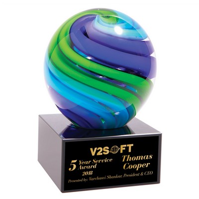 5" Blue and Green Art Glass Sphere on Black Crystal Base