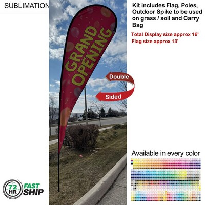72 Hr Fast Ship -16' X-Large Tear Drop Flag Kit, Full Color Graphics Double Side, Spike and Bag