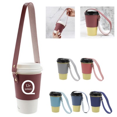 Leather Coffee Cup Sleeve W/ Strap