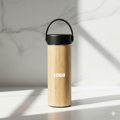 500Ml Bamboo Stainless Steel Cups Mug W/ Black Lid