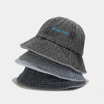 Round Top Washed Denim Bucket Hat Beach Sun Hat