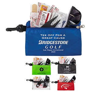 "CHIP 16" 16 Piece Golf Kit in Supersized Zipper Pack Components inserted into Zipper kit with Carab