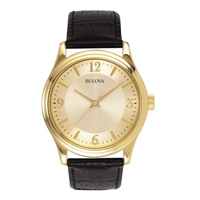 Bulova® Men's Corporate Collection Black Leather Strap Watch, Gold-tone Dial